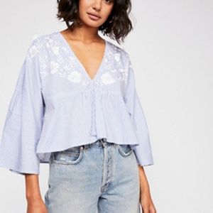 blue and white stripped v-neck crop top